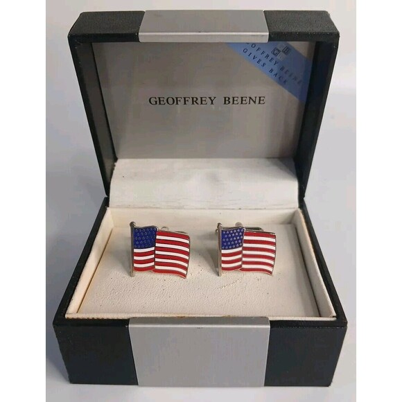 Geoffrey Beene Silvertone Cufflinks American Flag Gift Box New - Picture 1 of 3